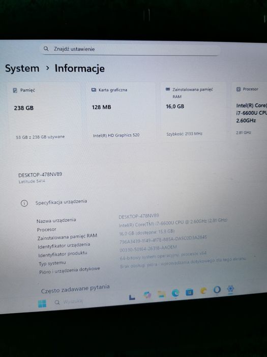 Dell rugged 5414 toughbook, dysk twardy 237GB36GB
