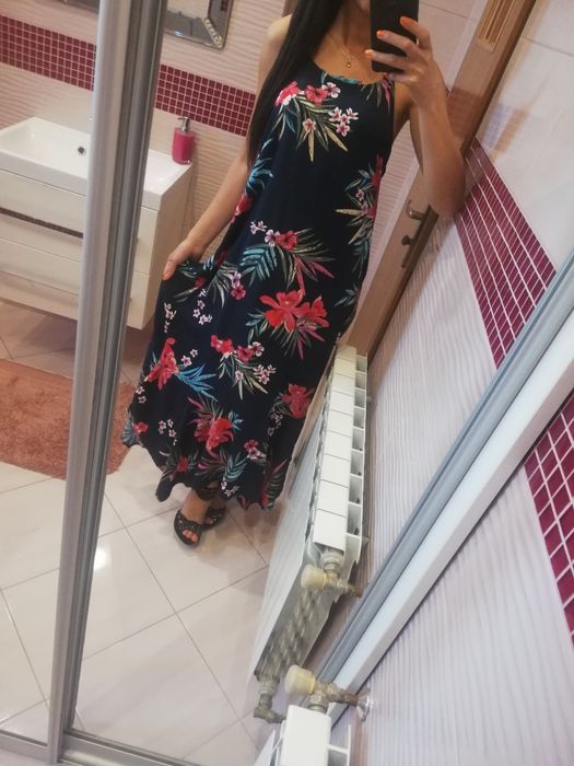 Długa maxi sukienka letnia plażowa kwiaty hiszpanka 40 L 42 XL