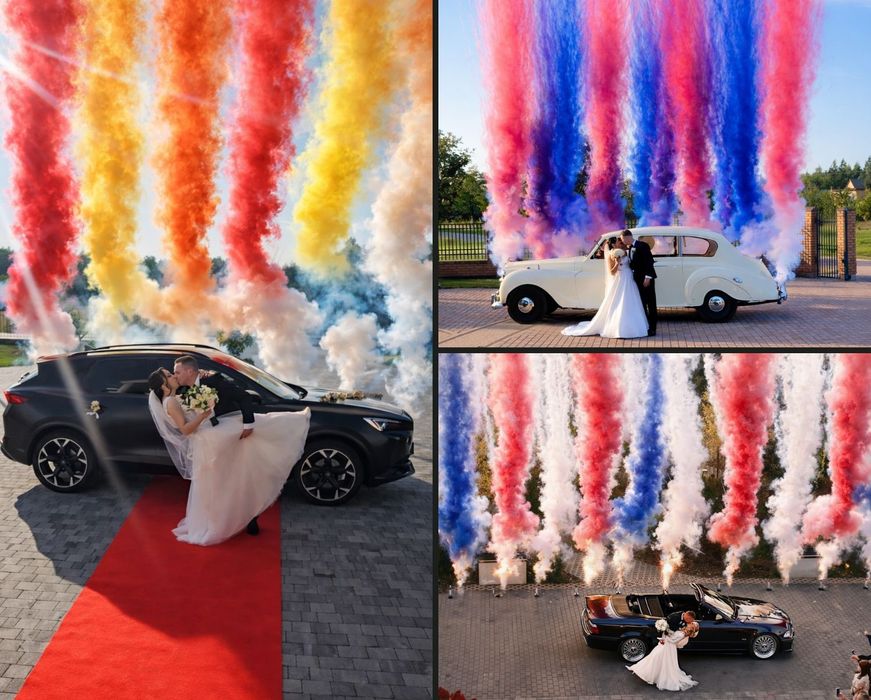 Kolorowe miny dymne na ślub cywilny w plenerze, wesele