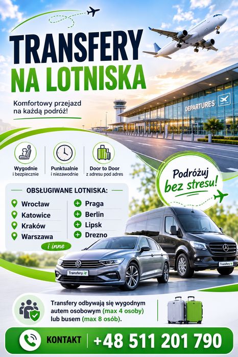 Transfery na lotniska. Bus 9-osobowy z kierowcą do wynajęcia