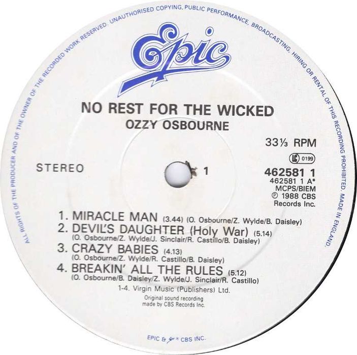 Ozzy Osbourne ‎– No Rest For The Wicked 1988 LP UK / вініл / платівка