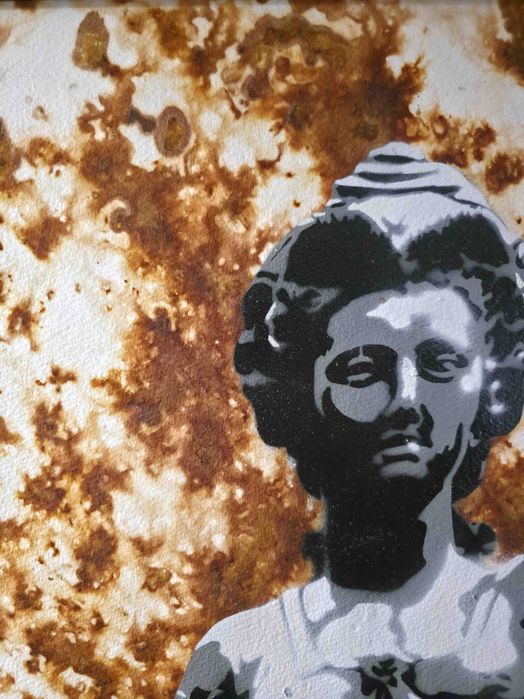 "José Sócrates" — Stencil e ferrugem sobre tela, 70x100 cm