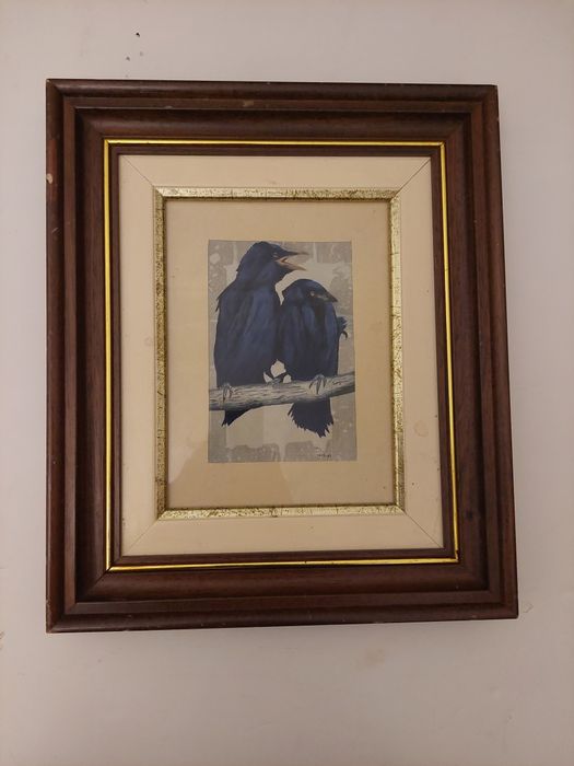 Quadro pintura corvos assinado ml datado