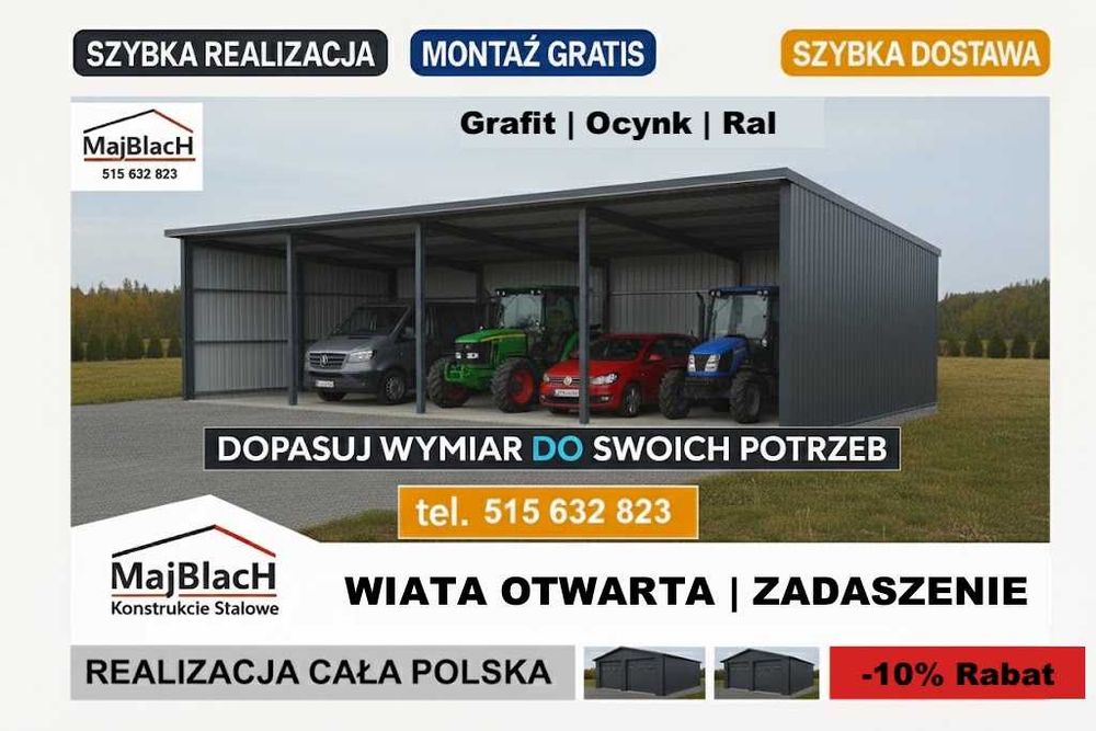 Garaż Blaszany Grafitowy z 3 x Bramami Wjazdowymi  – Maj-Blach