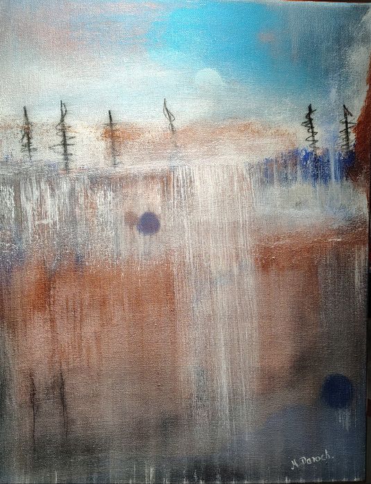 Abstrakcyjny obraz z elementami pejzażu