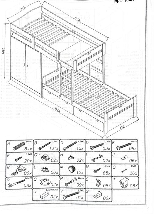 Beliche com duas camas,  roupeiro e gavetas. Inclui uma secretaria