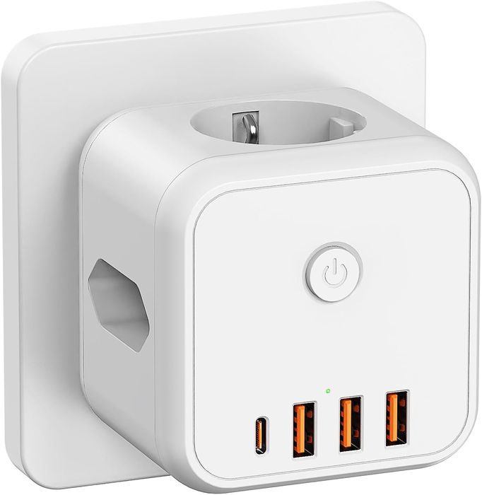 Kostka Rozgałęźnik Gniazdko 3 Gniazda 4 Porty USB C USB-A Biały