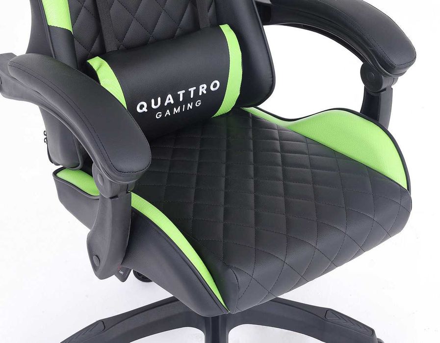 Fotel gamingowy Quattro Carbon – Wyrazista zieleń, wykończenie premium, wysuwany podnóżek i komfort klasy biznes do biura i domu.