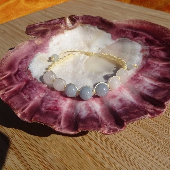 Bransoletka makramowa Akwamaryn Nefryt biały Regulowana