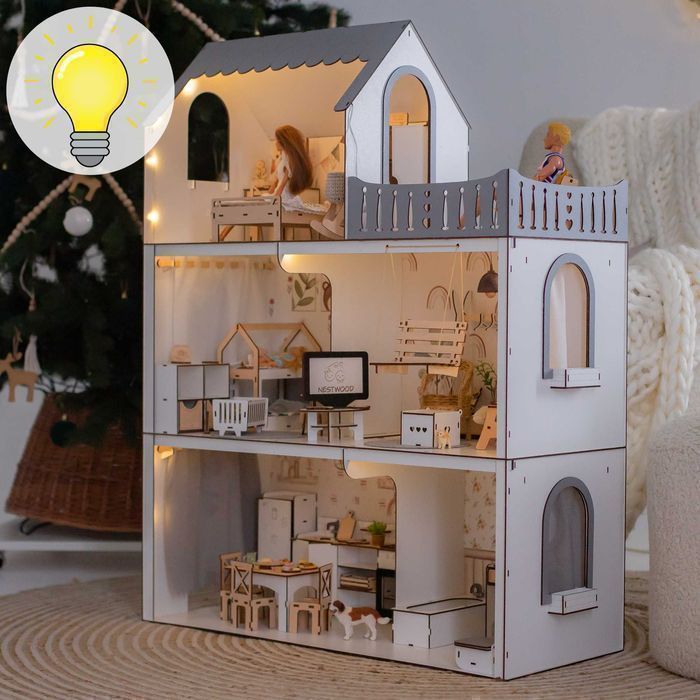 Ляльковий будинок з освітленням Кукольный Домик +подарок мебель Барби