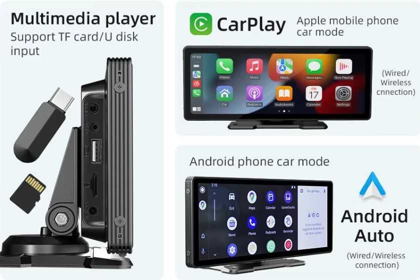 Ecrã Tatil 10" S/ fios Multimedia CarPlay e Android Auto + Camera HD