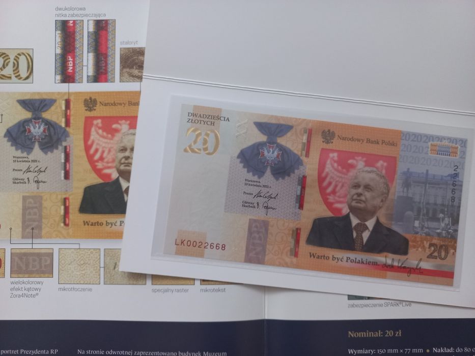 Banknot 20 zł Lech Kaczyński Warto być Polakiem