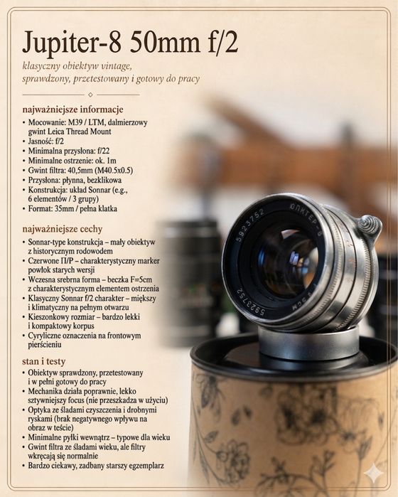 Jupiter-8 50mm f/2 M39 LTM Made in USSR, srebrny Sonnar, sprawdzony i testowany