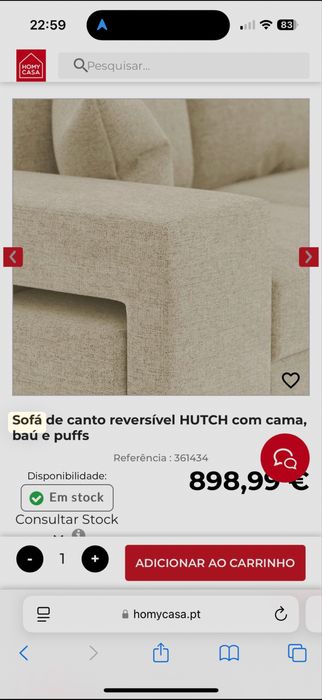 Sofa de canto reversivel HUTCH com cama bau e puff