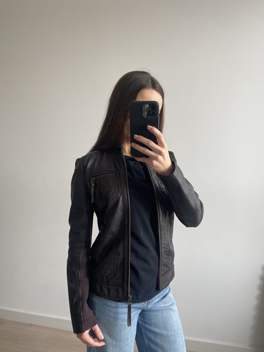 Kurtka skórzana Mango na zamek brązowa