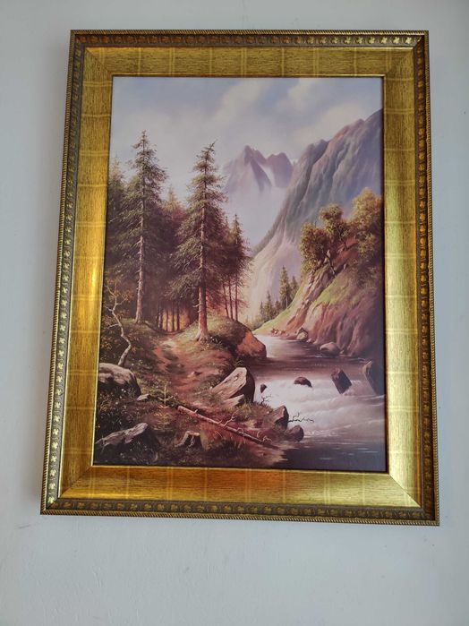 Pejzaż górski, odrestaurowana pozłacana rama, 84 cm x 64 cm