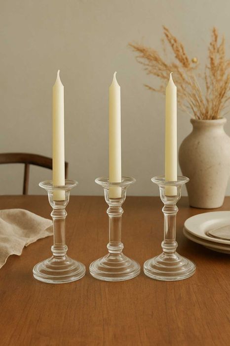 3 Castiçais vintage em vidro transparente prensado