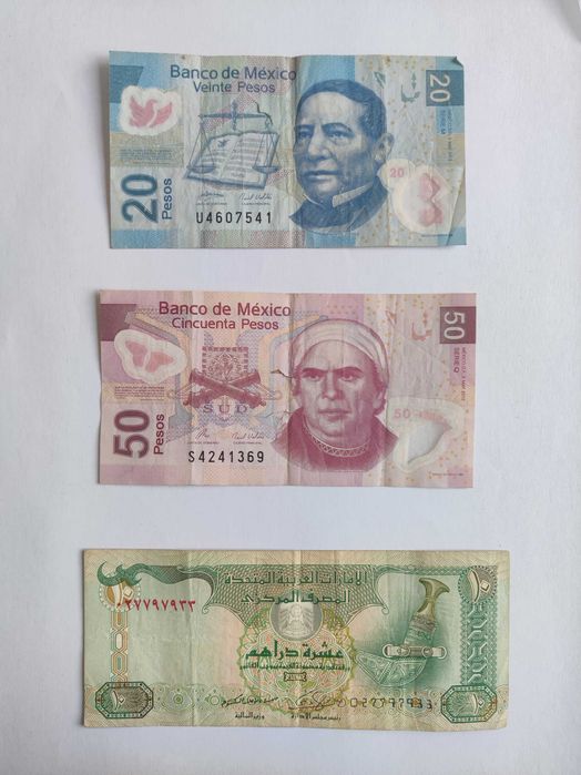 Notas estrangeiras antigas várias Espanha, México, Bélgica, Emirados