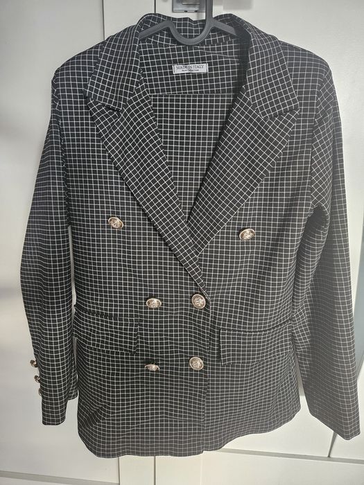 Elegancki lekki garnitur czarny S/M kratka złote guziki