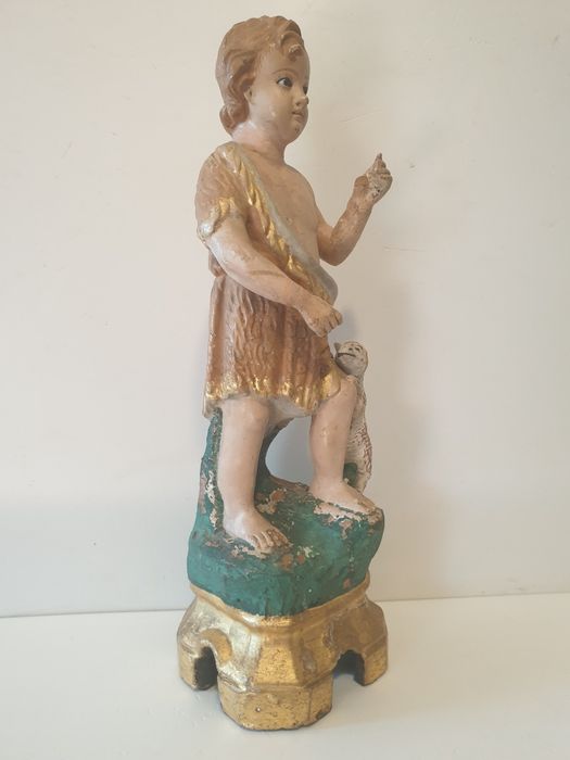 Antiga escultura de Menino São João Batista em terracota policromada