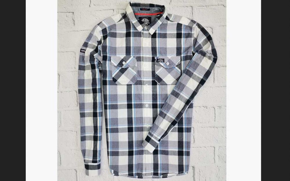 rękaw szyi 85cm SUPERDRY Tall slim krata M/L szer56/dł76cm  vintage