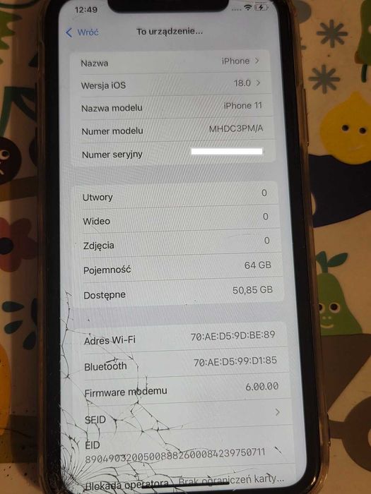 iPhone 11 biały 64GB bateria 85% - lekko uszkodzony ekran