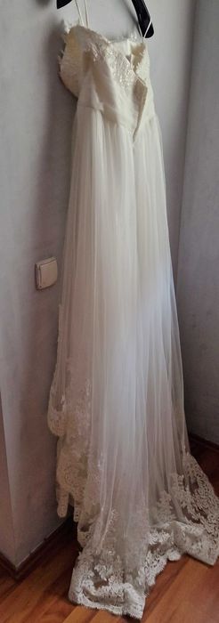 Przepiękna Suknia ślubna księżniczka gorset vintage gipiura koronka tren 40 42 L xl j nowa TANIO