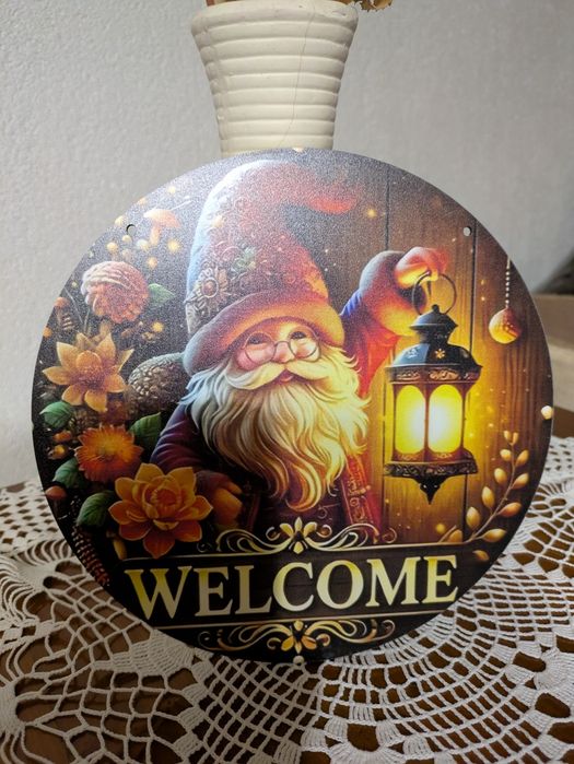 Tabliczka z napisem Welcome z krasnalem, świąteczna drewniana, nowa