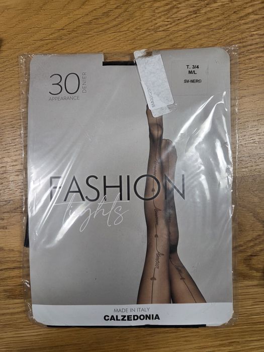 Nowe czarne rajstopy calzedonia m/l szew tylny napisy amour serduszka