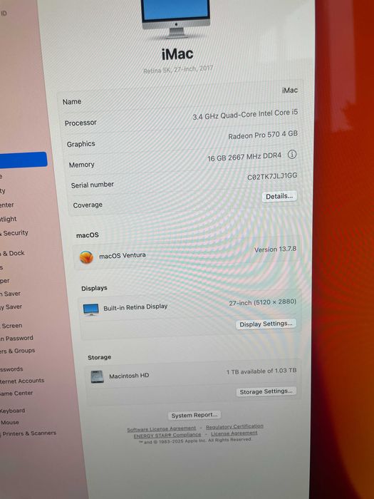 Моноблок/компьютер Apple Imac 27 5K 2017 (i5/16/pro 570 4gb/ 1TB fusion drive )