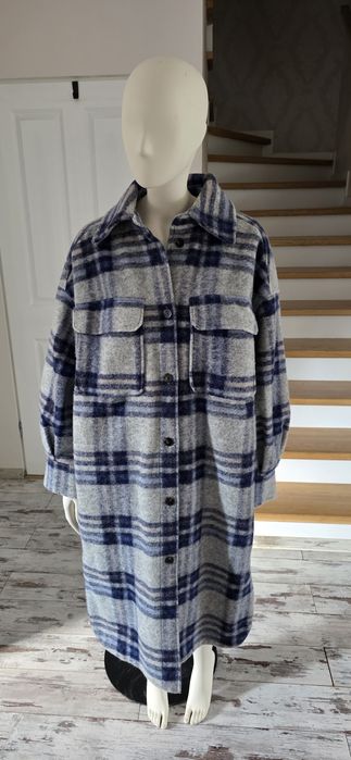 H&M, szaro niebieski płaszcz koszulowy oversize, kocykowy, w kratkę M