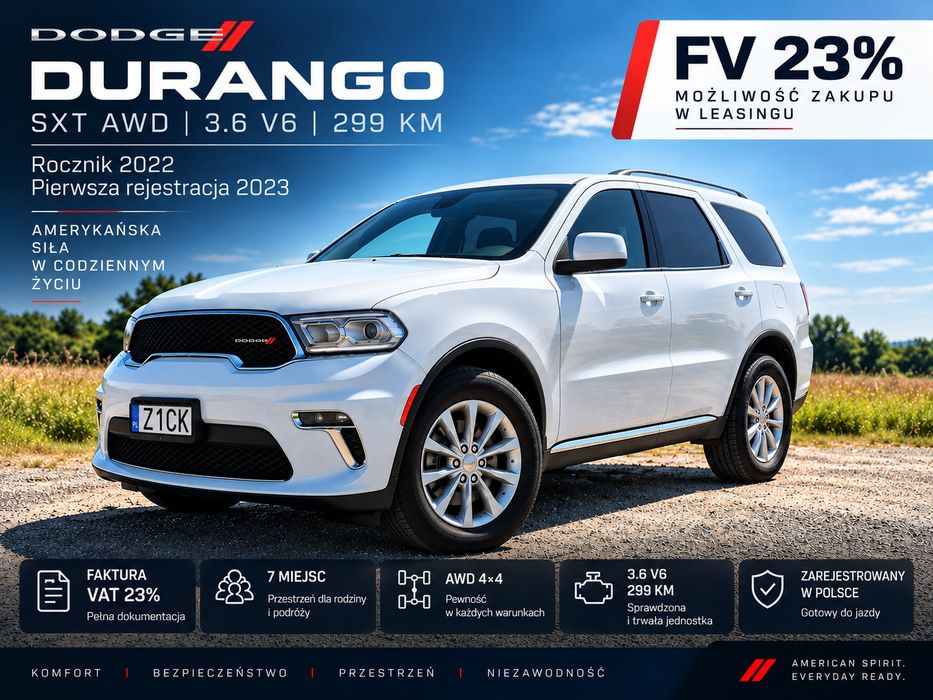 Dodge Durango SXT AWD 3.6 V6 299 KM 2022/2023 | VAT 23% | Leasing | 7 os. | Hak | CarPlay