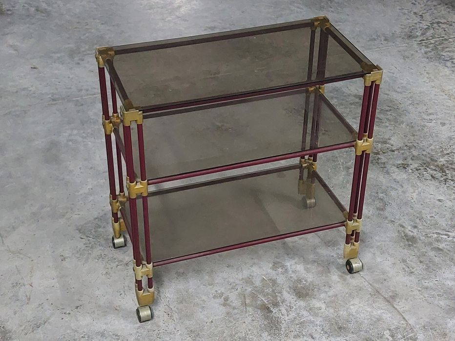 Carrinho de Bar metal tubular lacado Bordeaux e vidro fumado, Anos 70