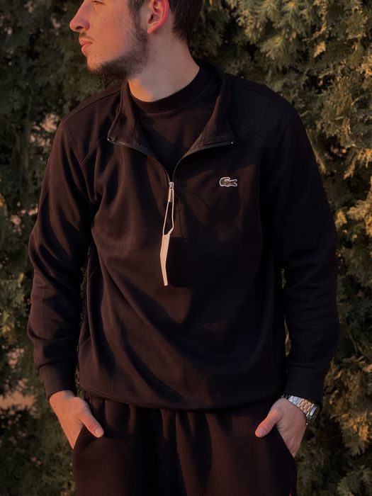 Полузамок Lacoste 1/3 зип мужской Лакост воротник Лакоста черный білий