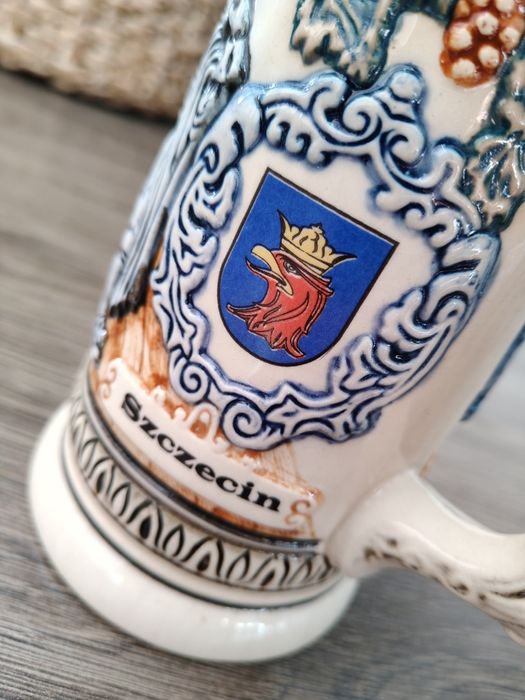 Kolekcjonerski, ozdoby, ceramiczny kufel do piwa, Herb Szczecina, gryf