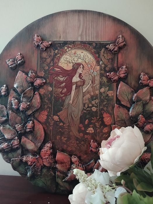 Ręcznie wykonany obraz na desce, panel dekoracyjny z ceramiką