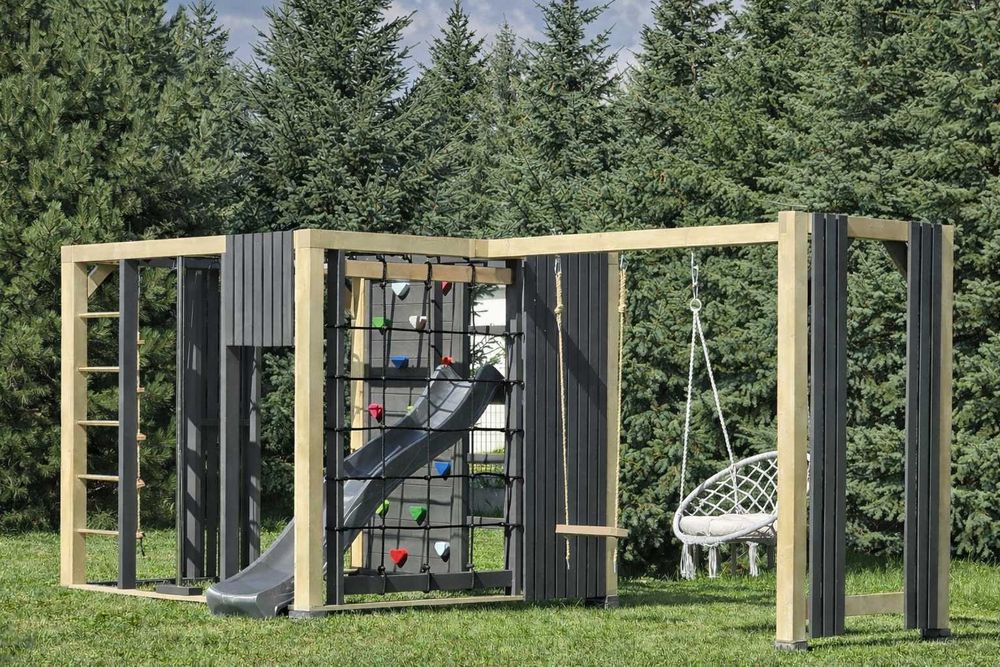 Nowoczesny plac zabaw - duży małpi gaj z huśtawkami, siłownia ogrodowa