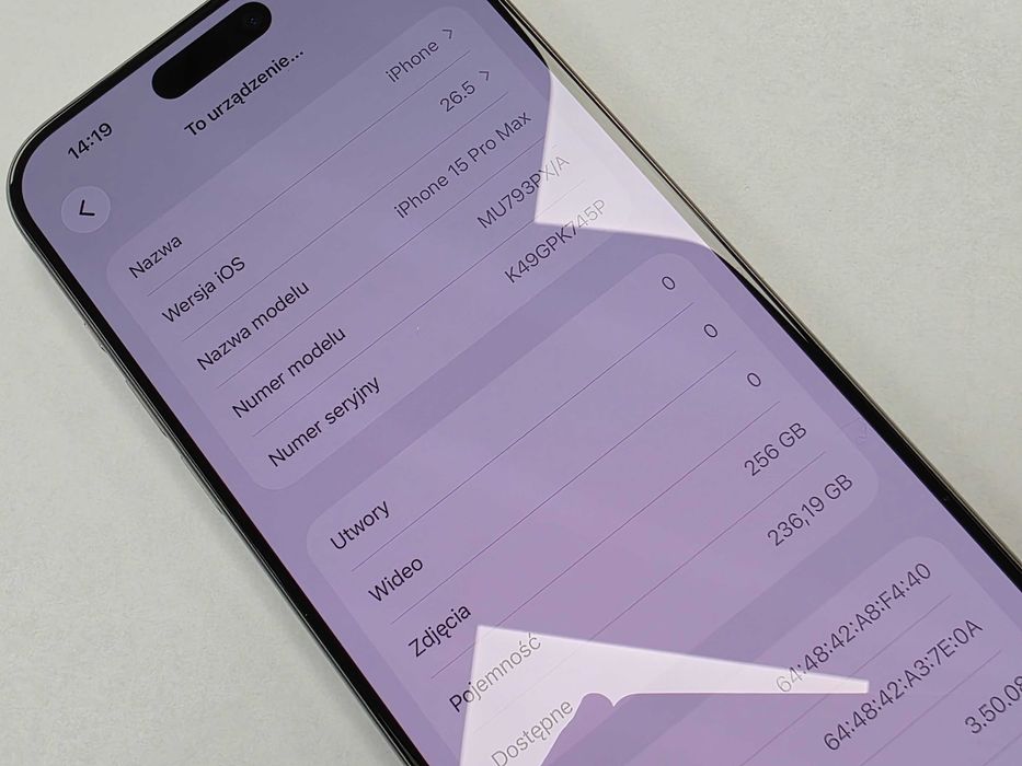 iPhone 15 PRO MAX 256GB Dual SIM (SIM + eSIM)/ Natural Titanium/ BAT 85%/ Grade B+ do A-/ + ładowarka/ GW 12 MSC