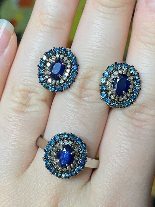 Srebrny komplet z naturalnym Szafirem i Diamentami!!!