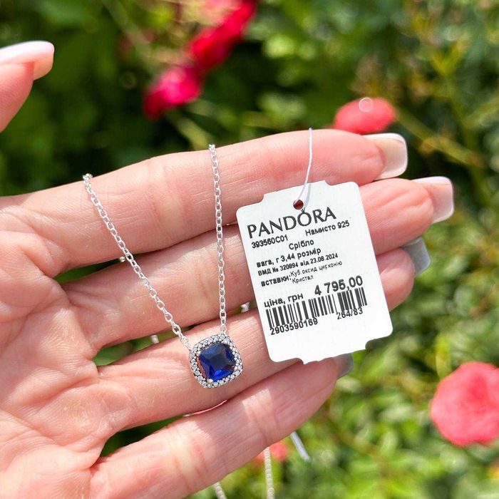 Срібне кольє Pandora Блискучий синій квадрат S925 ALE подарунок | Колье Синий Квадрат серебро 925 кулон с синим кристаллом украшение подарок девушке|