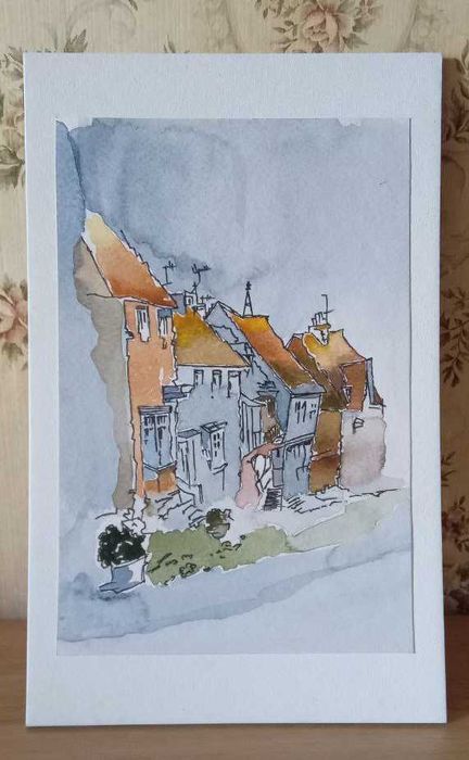 Картина старе місто акварель 15x24