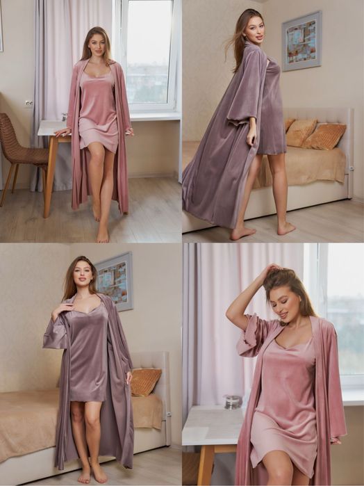 Велюровий комплект 2в1 нічна сорочка + халат Розмір XS/S