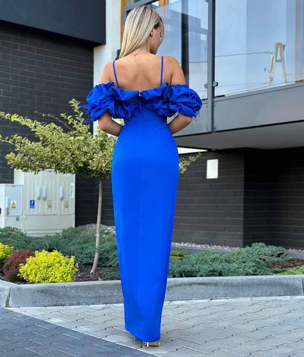 Sukienka chabrowa długa pióra piórka 42,44 marina maxi wieczorowa nowa