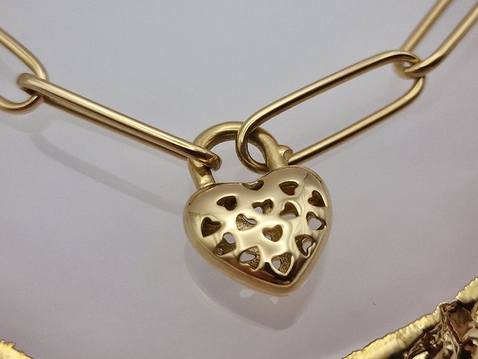 Nowa złota bransoletka, próba 585, serce kłódka spinacz kliper