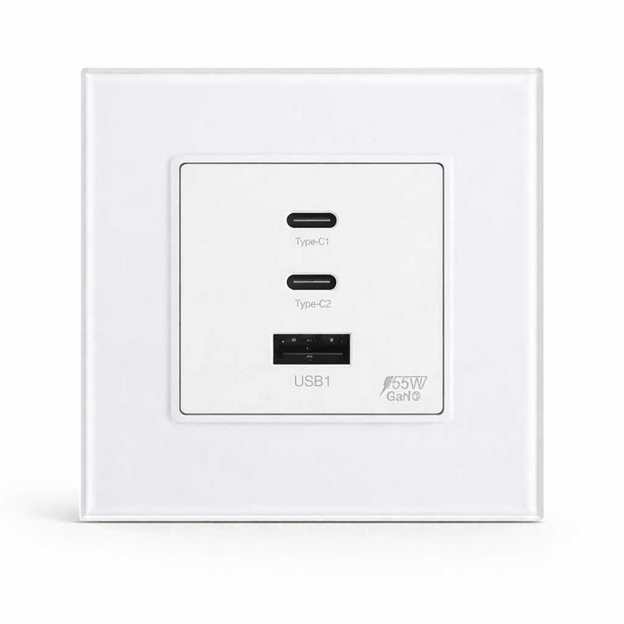 Gniazdo USB ścienne BSEED 65W - 2×USB-C + USB-A, szklane