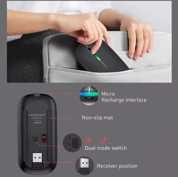 Бездротова мишка з вбудованим акумулятором, Bluetooth 5.2+USB адаптер