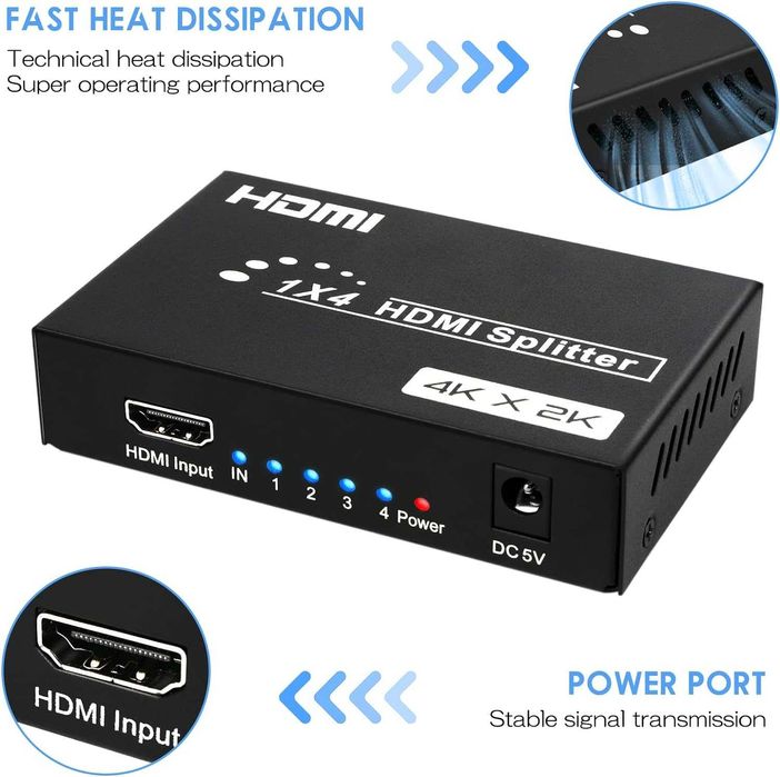 Rozdzielacz splitter 1x4 HDMI 1 na 4 wyjścia 3D HD 4K x 2K 30 HS414
