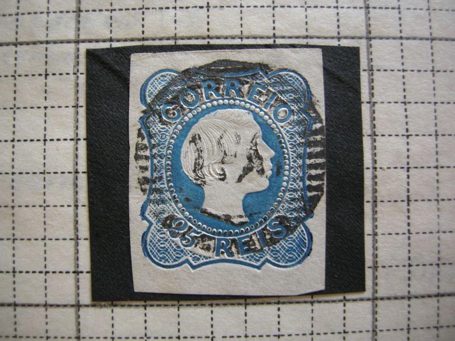 Filatelia selos Portugal D.Pedro V cabelos lisos 25r pérolas afastadas
