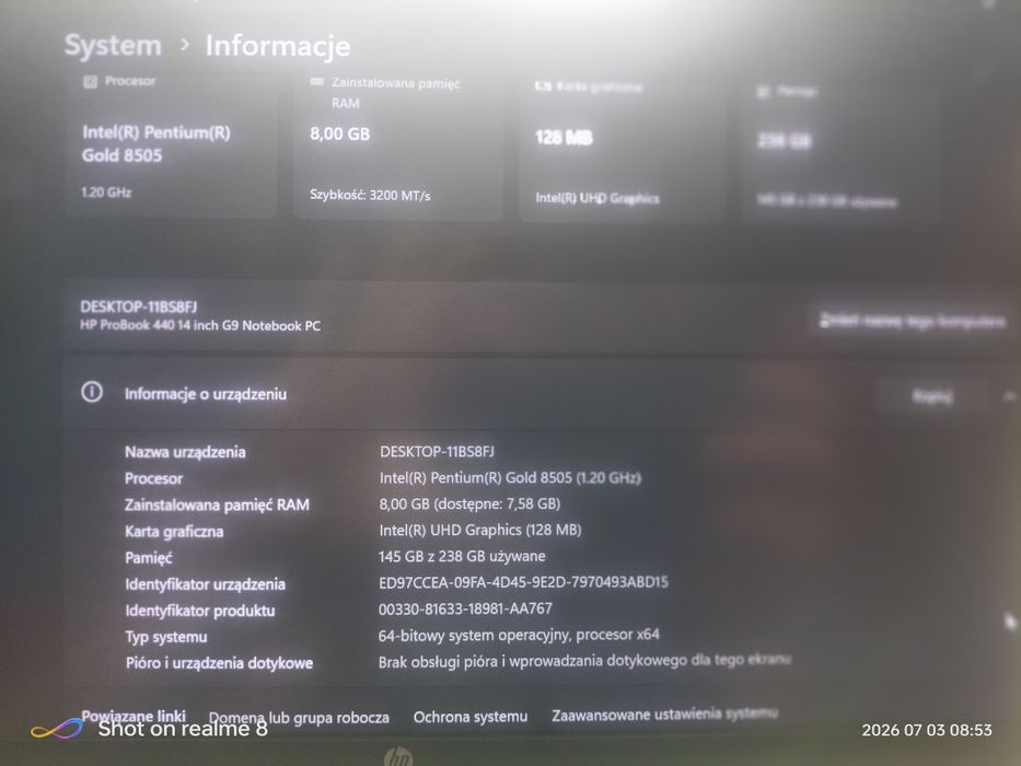 HP ProBook 450 G9 | Intel 5-rdzeni | 8GB RAM | 256GB SSD NVMe | Windows 11 Pro