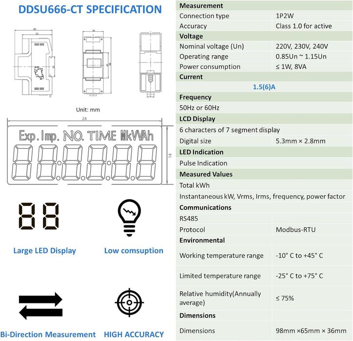DSU666-CT licznik energii RS485, zgodny z Modbus RTU DIN35mm
